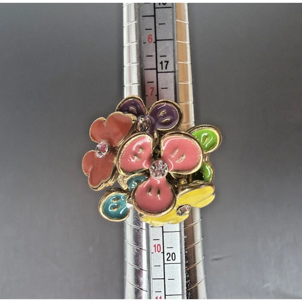 Colorful Enamel Flower Bouquet Stretch Ring Rhinestone Statement Fashion Jewelry